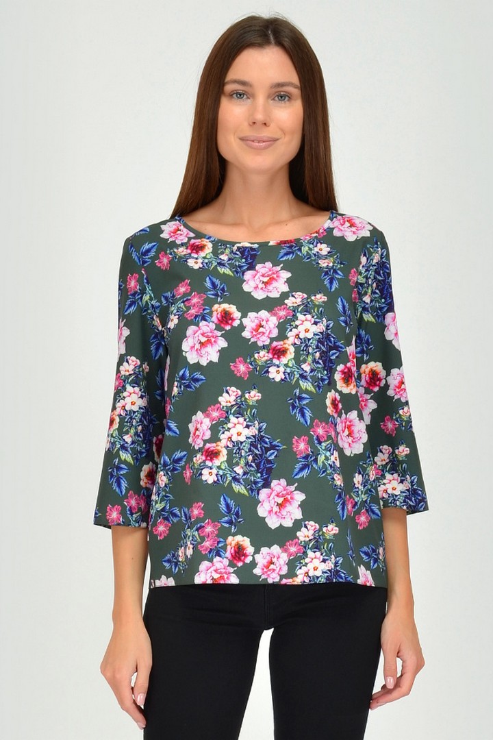 Фото товара 19892, темно-зеленая блузка с цветами